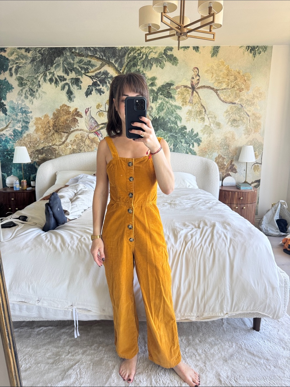 BDG Mustard Button-Front Wide-Leg Jumpsuit